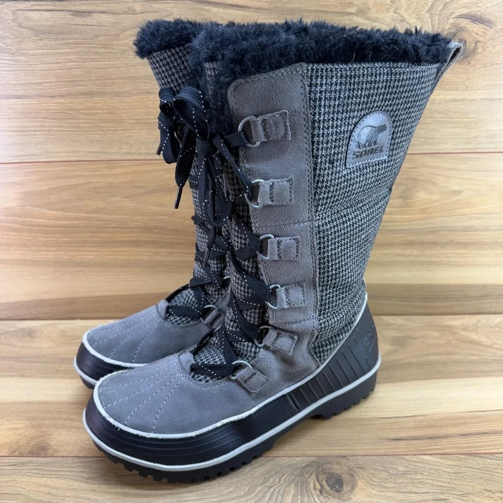 Sorel Tivolli Tall Boots Womens 9 Gray Houndstooth Waterproof Faux Fur Tall